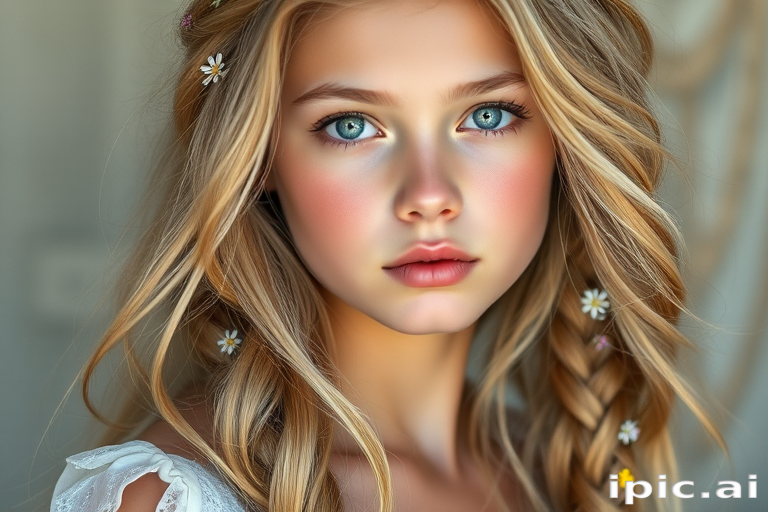 Create an image of a young woman with long, wavy blonde hair, adorned with small, colorful flowers woven into her braids and loose strands. Her complexion is fair, with soft, glowing skin, and she has light blue eyes that gaze softly at the viewer. She wears a light, flowing dress with a gentle, ethereal quality, complementing her delicate and serene appearance. The background is slightly blurred, drawing focus to her tranquil expression and the intricate details of the flowers in her hair. The overall mood of the image is one of natural beauty and grace, evoking a sense of peacefulness and connection with nature.