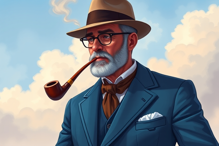 Create an illustrated portrait of a man wearing a large blue suit with patch pockets, a fedora hat, and smoking a pipe, set against a soft, cloudy background, using a 50mm lens, f/2.8 aperture, soft lighting, and a digital art style for a vibrant and smooth finish.