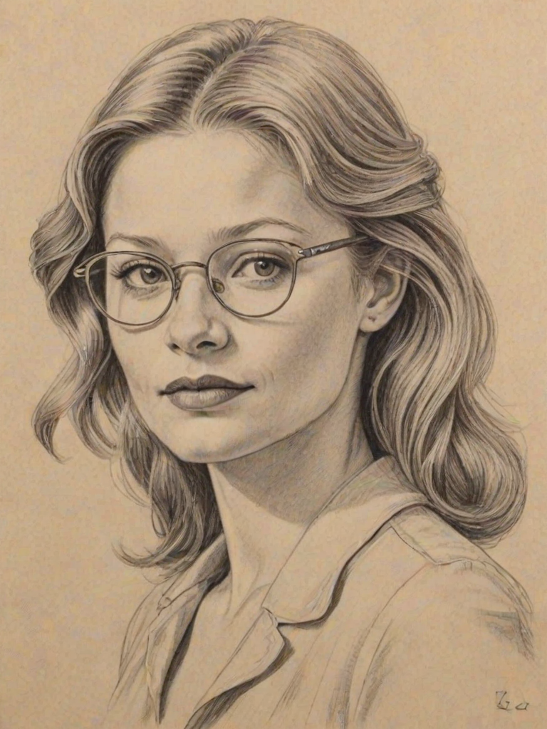 Fascinating Emilie de Ravin, pencil sketch, portrait of Lovely woman 1944s in glasses, hair style beatnik, outline, clear lines, fine lines, 8k