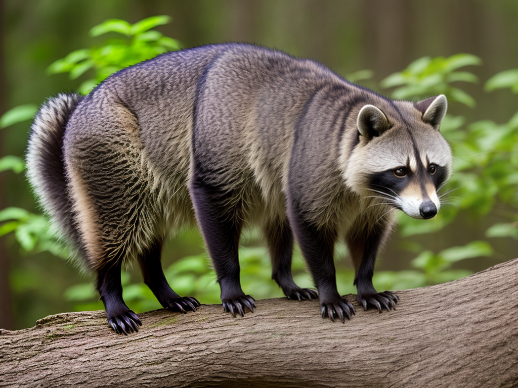 Big male raccoon with grey fur, talk to mrs.Brisby in a forest
