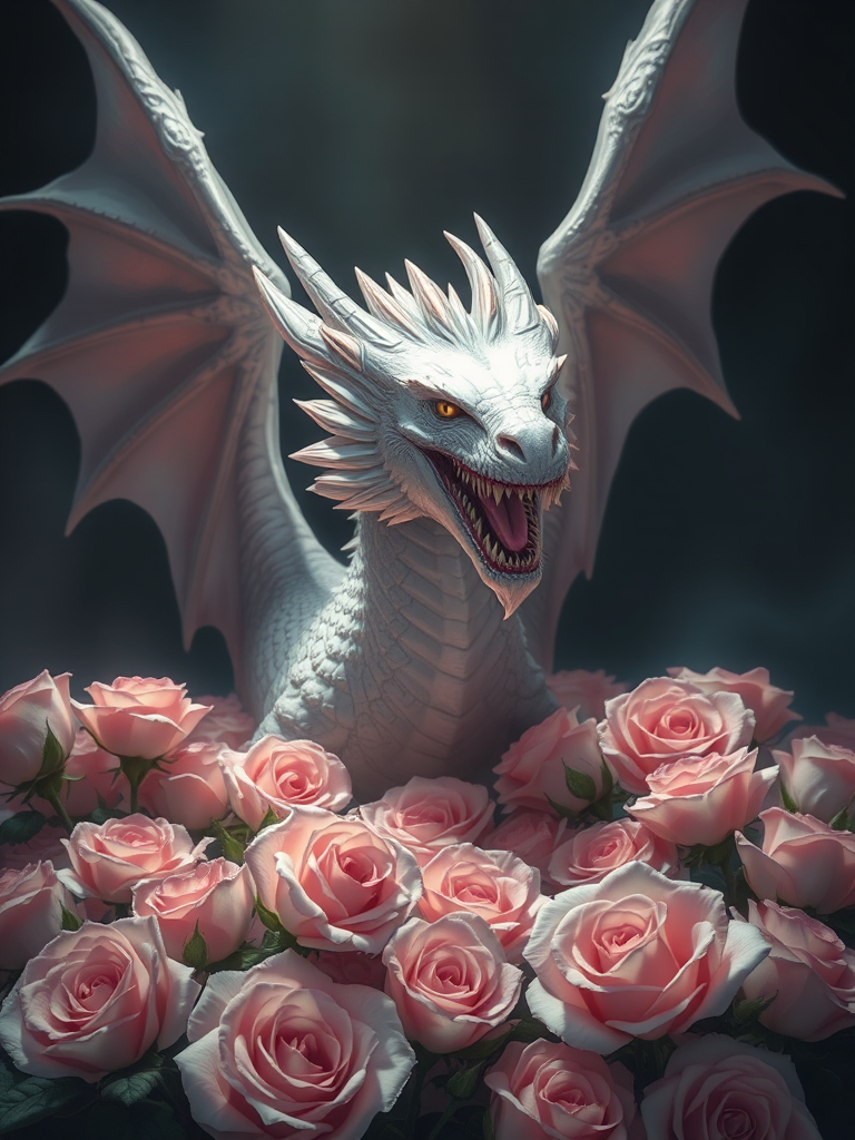 Create a highly detailed fantasy illustration of a fierce white dragon emerging from a bed of soft pink roses, with dramatic lighting and a dark, moody background, using a high-resolution digital camera setting of 50mm lens at f/1.8, ISO 100, and a soft focus style to enhance the vibrancy and depth of the scene.