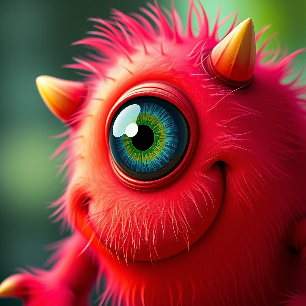 Create a vibrant digital illustration of a monster with a large single eye, bright red body, and a playful expression, using a DSLR camera, 50mm lens, f/2.8 aperture, ISO 100, taken in a close-up shot with a high-resolution setting.