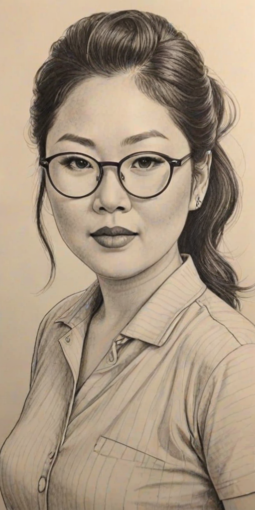 Comely Margaret Cho, pencil sketch, portrait of Delightful woman 1956s in glasses, hair style beatnik, outline, clear lines, fine lines, 8k