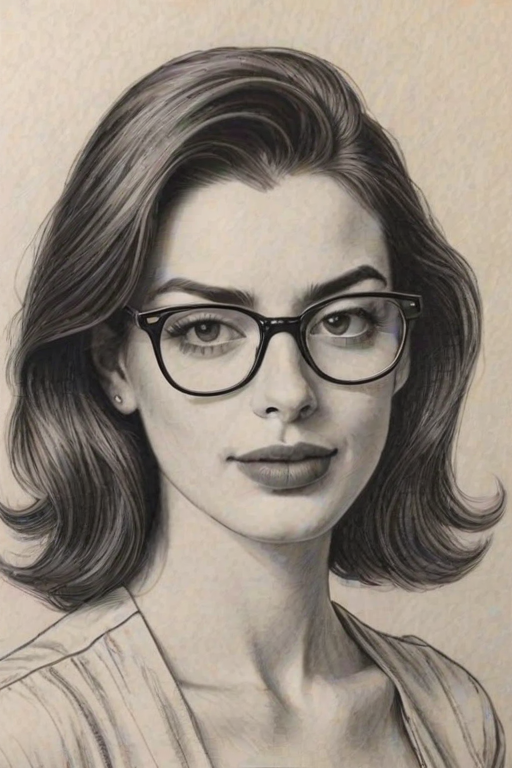 Alluring Anne Hathaway, pencil sketch, portrait of Enticing woman 1943s in glasses, hair style beatnik, outline, clear lines, fine lines, 8k