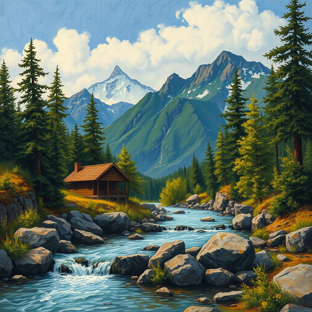 This Van Gogh-inspired painting depicts a peaceful scene of a small cabin located near a flowing river. The scene is surrounded by lush vegetation, including tall trees and rocky terrain. In the background, majestic mountains rise under a sky filled with rolling clouds. The river gently cascades over the rocks, adding a sense of movement and tranquility to the scene. The use of vibrant colors and detailed brushstrokes create a sense of depth and harmony in the natural setting.