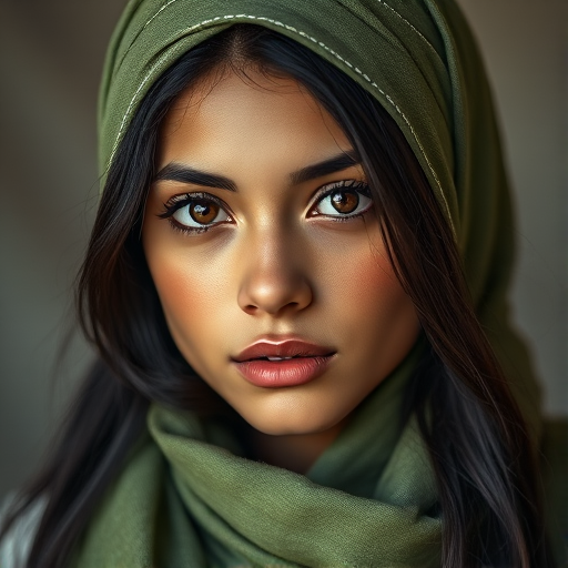 Create a portrait of a young Latino woman with long, dark hair and captivating hazel eyes. She is wearing a green headscarf and a matching scarf draped gracefully around her neck. The background is softly blurred, focusing attention on her serene and natural expression. The overall color palette is muted and warm, enhancing the intimate and authentic feel of the portrait.