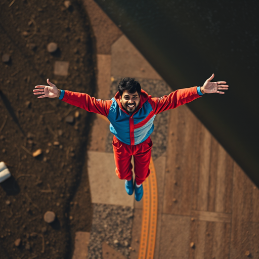 Create an image of a person in mid-air wearing a red and blue outfit with arms outstretched, captured with a DSLR camera at f/2.8, ISO 100, 1/1000 sec shutter speed, wide-angle lens at 24mm, overhead view, vibrant colors and high contrast to enhance image quality.