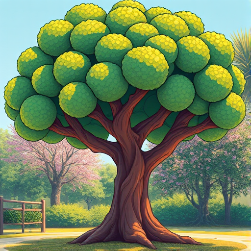 Create a detailed and vibrant illustration of a stylized tree with a thick trunk and lush, rounded foliage, using a high-resolution digital art style, captured with a DSLR camera at f/2.8 aperture, 50mm lens, in a brightly lit outdoor setting with soft natural lighting for enhanced colors and depth.
