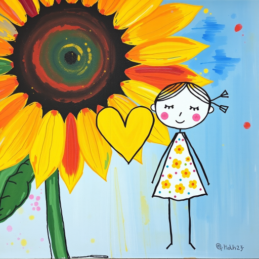 Stylized impressionism painting of a large sunflower with an oversized center and colorful petals. Beside, a young female character with eyes represented by dots and a mouth by a line, pink cheeks, hair attached, arms and legs a black line, flowery white dress triangle shape. A yellow heart surrounded by a black line between the two. Textured background with touches of colorful paint. Childish style.