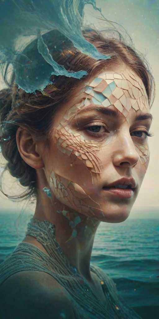 imagine Book cover, A surreal double exposure portrait that blends a woman's face with a beautiful seascape. The overall mood is dreamy and mystical, with rich colors and intricate details