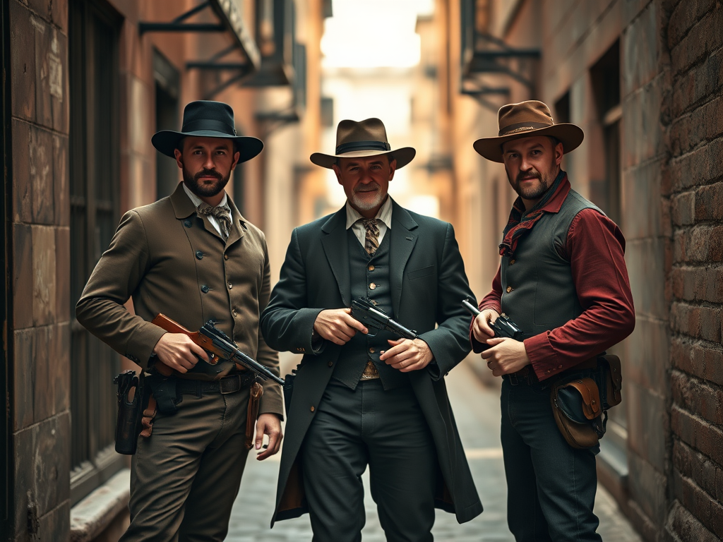 Three vintage-style gunmen in 19th-century attire standing confidently in a narrow street, atmospheric lighting, soft focus, ISO 100, f/1.8 aperture, 50mm lens, DSLR camera, shot in HDR for enhanced detail.