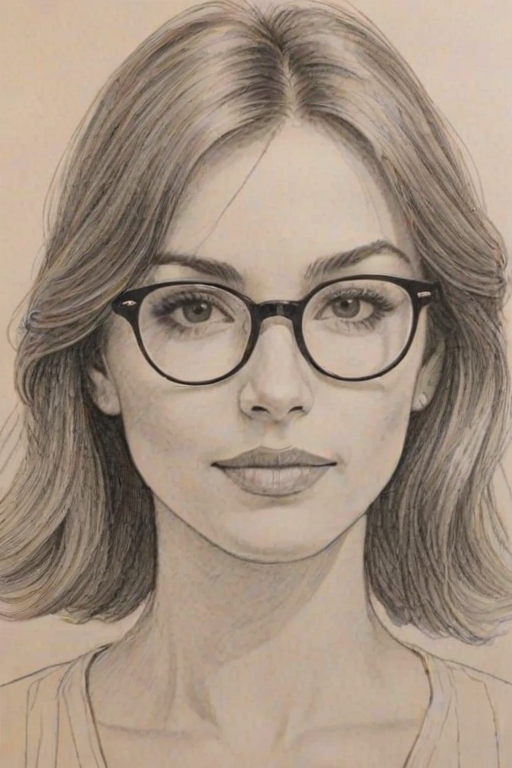 Fetching Sophia Wylie, pencil sketch, portrait of Charming woman 1978s in glasses, hair style beatnik, outline, clear lines, fine lines, 8k