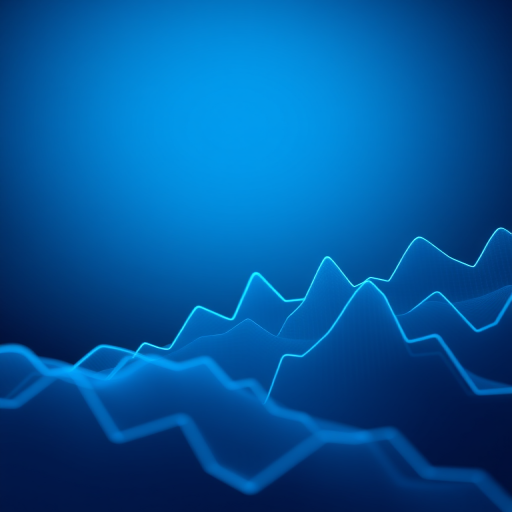 Create a smooth gradient background with a dark blue hue, overlaying a network of light blue line graphs with sharp peaks and valleys, captured with a DSLR camera at f/2.8, ISO 100, 1/60s shutter speed, using a 50mm lens in macro style for high detail and clarity.