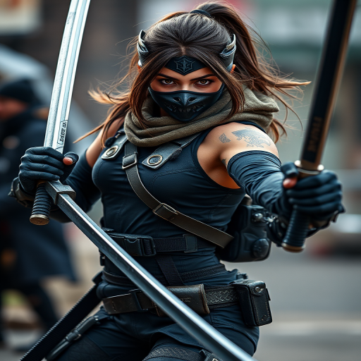 Create a high-resolution image of a female warrior in a dynamic pose, wearing a tactical outfit with a mask, holding two swords, captured with a DSLR camera at f/2.8 aperture, 50mm lens, ISO 100, and a shallow depth of field to create a blurred background effect.