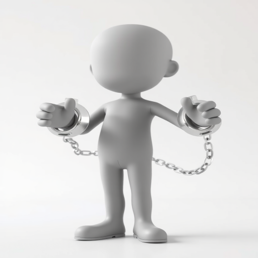 A 3D character model with a neutral gray tone standing in a confident pose, wearing shiny silver handcuffs, focused on a soft daylight background, with a DSLR camera using a 50mm lens at f/2.8, ISO 100, and a shutter speed of 1/125 sec, captured from a slightly low angle for enhanced perspective.