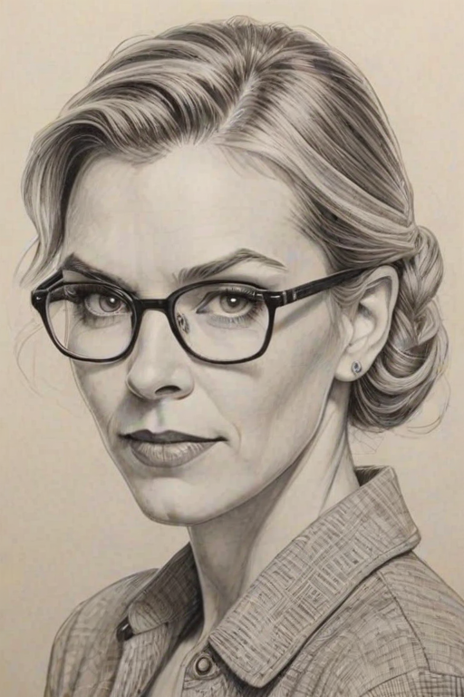 Enticing Rhea Seehorn, pencil sketch, portrait of Dazzling woman 1930s in glasses, hair style beatnik, outline, clear lines, fine lines, 8k