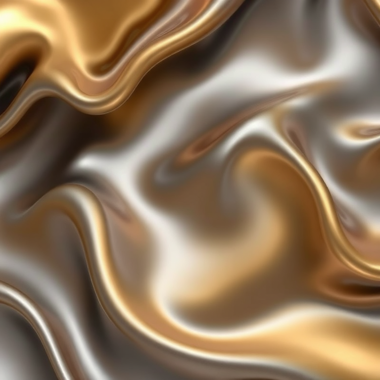 Create a high-resolution abstract image of wavy metallic textures in shades of gray and gold, using a 50mm lens, f/1.8 aperture, ISO 100, and studio lighting to enhance contrast and detail, shot from a straight-on perspective.