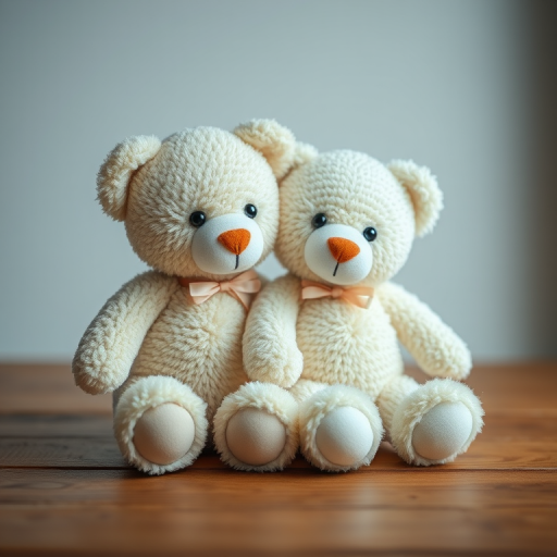 Create a high-resolution image of two plush teddy bears sitting closely together on a wooden surface, with a soft-focus background, using a DSLR camera at f/2.8 aperture, ISO 200, 50mm lens, and natural lighting to enhance the texture and details.