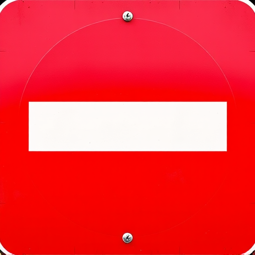 Create an image of a no entry sign with a vibrant red background and a bold white horizontal rectangle in the center, captured using a DSLR camera with a 50mm lens, aperture set at f/2.8, shutter speed 1/200s, ISO 100, shot from a slightly low angle to enhance depth and clarity.