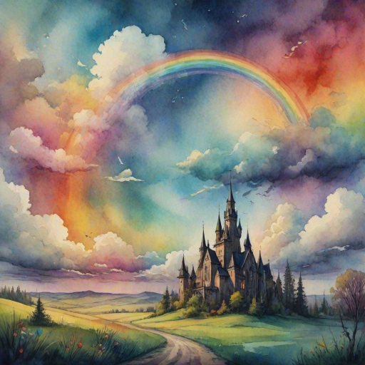 A whimsical and surreal sky with a vibrant rainbow, featuring dramatic lighting effects and a textured watercolor background, with a touch of gothic aesthetic.