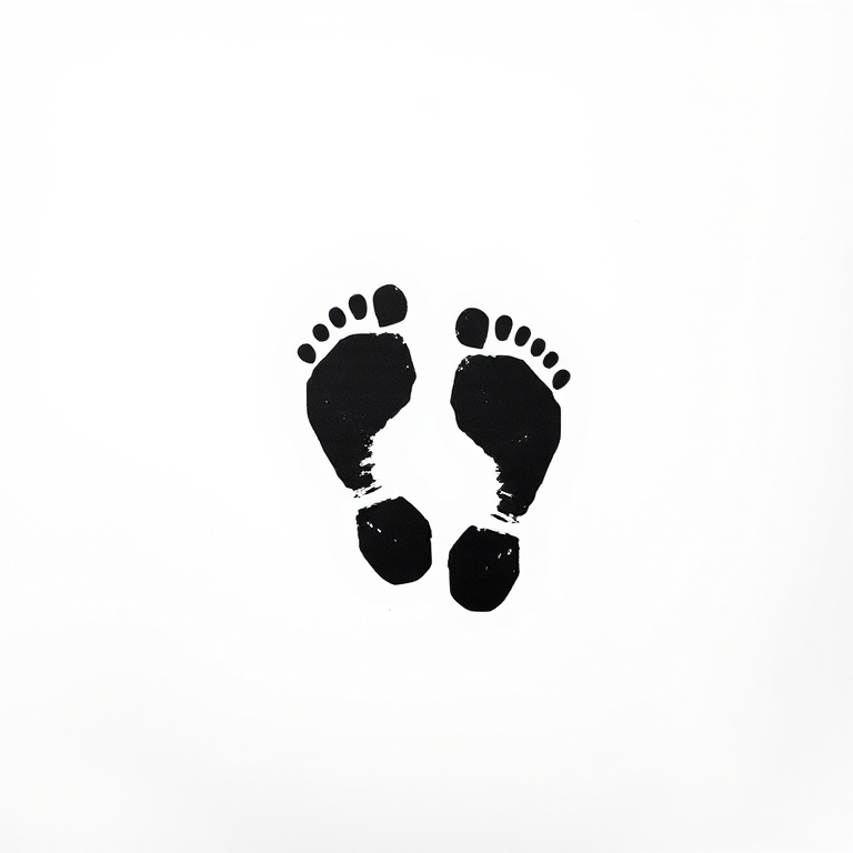 Create a high-resolution image of a pair of black silhouette footprints on a white background using a DSLR camera with a 50mm lens, aperture set to f/1.8, ISO 100, and a shallow depth of field for a clean focus.