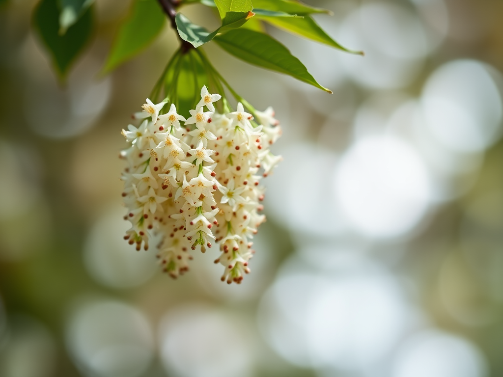 close-up of hanging flower clusters on a lush green branch, shallow depth of field, natural light, f/2.8 aperture, 100mm macro lens, Canon EOS 5D Mark IV, soft bokeh background