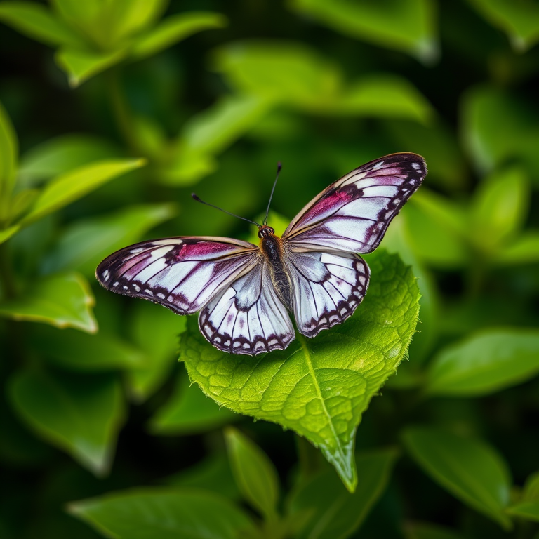 Create an image of a butterfly resting on a vibrant green leaf surrounded by lush foliage. The butterfly should have intricate patterns on its wings, showcasing shades of purple and white, with detailed markings. The background should feature a soft blur of green leaves to emphasize the butterfly's delicate beauty.