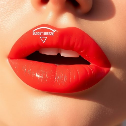 Vibrant coral "Sunset Breeze" lip color with a glossy finish, featuring subtle gold shimmer and a plumping effect, perfect for summer evenings and beach parties