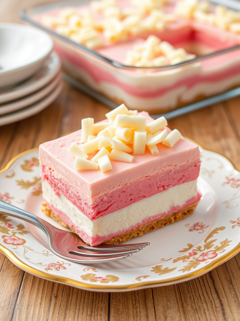 A delicious layered dessert featuring a square slice with pink and white creamy layers and topped with white chocolate curls served on a decorative plate with a fork beside it and a glass dish of the dessert in the background
