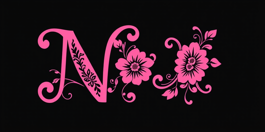 Generate a stylized pink letter N with intricate floral designs on a solid black background, use a 50mm lens, f/1.8 aperture, ISO 100, shoot from eye level with a DSLR camera and apply a soft focus effect to enhance image quality.
