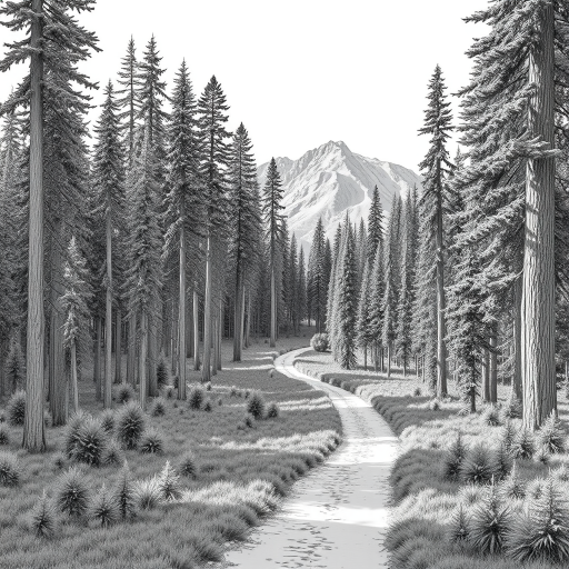 Create a detailed black and white landscape illustration of a winding path through a dense forest with tall trees, mountains in the background, and a clear sky, using a Canon EOS 5D Mark IV with a 24-70mm f/2.8 lens, aperture set to f/8, shutter speed at 1/125s, ISO 100 for crisp detail and clarity.