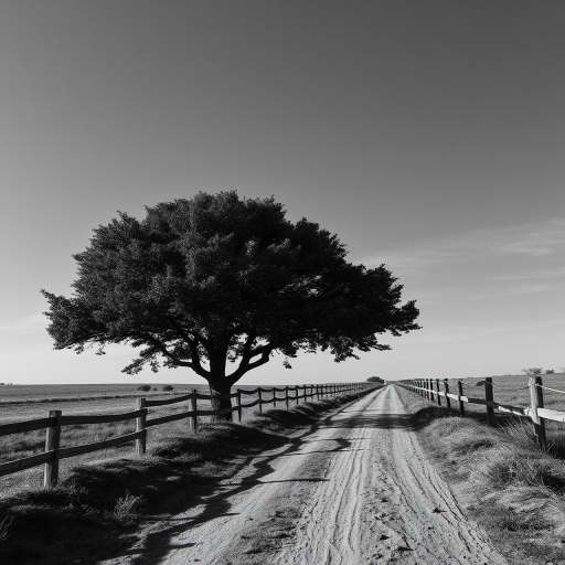 Black and white photograph of a solitary tree along a dirt path with a wooden fence, taken with a DSLR camera at f/11 aperture, 1/250 sec shutter speed, ISO 200, wide-angle lens, and a low-angle perspective to enhance depth and detail.