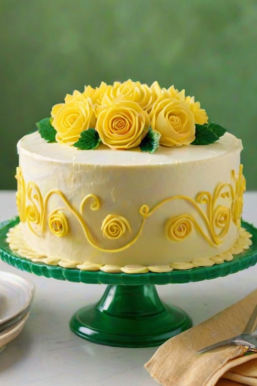 Create an image of a beautifully decorated yellow cake with smooth frosting and decorative piping on top. The cake should be displayed on a glass cake stand, with a slice already cut out to show the fluffy interior. Surround the cake with a lush green background for a fresh and inviting look.
