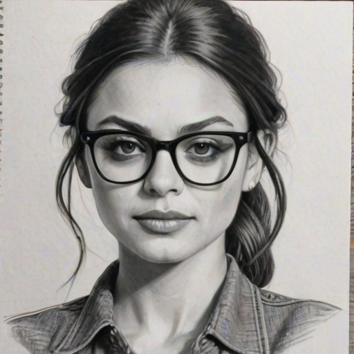 Radiant Mila Kunis, pencil sketch, portrait of Fetching woman 1922s in glasses, hair style beatnik, outline, clear lines, fine lines, 8k