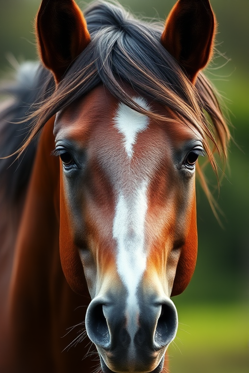 Create a high-resolution digital illustration of a realistic horse head with intricate details and textures, shot with a DSLR camera at f/2.8, 50mm lens, natural lighting, shallow depth of field, focusing on the horse's expressive eyes and flowing mane.
