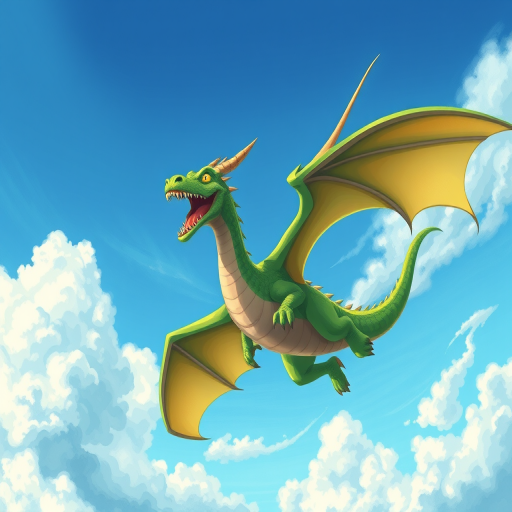 Create a vibrant illustration of a green dragon flying through a blue sky with fluffy clouds, using a wide-angle lens, f/8 aperture, ISO 100, and a digital painting style to enhance image quality.