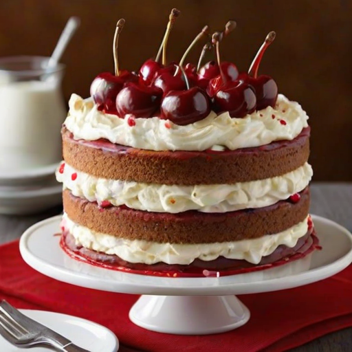 Create a visually appealing image of a layered cake decorated with whipped cream, white chocolate shavings, and topped with bright red cherries. The background should be soft and neutral, highlighting the cake's details. Include a few cherries and chocolate shavings on the side for added texture.