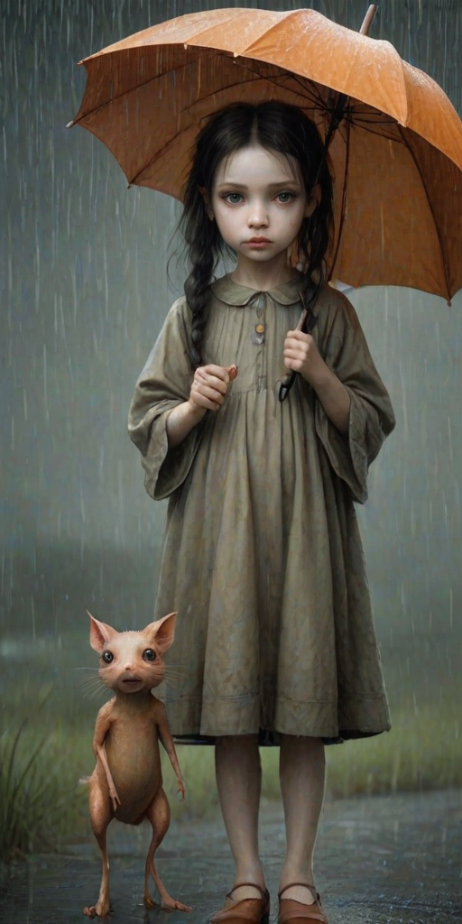 An eerie, weird little girl with dark hair in thin pigtails, wearing a smock dress, standing in the rain, holding a dirty orange umbrella, a small, odd creature beside her. In a surreal style inspired by Nicoletta Ceccoli and Brian Froud. Dark fantasy themes