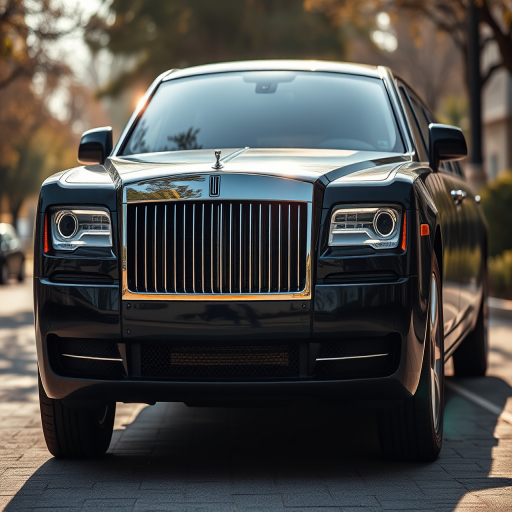 Regenerate a high-quality image of a black limousine at a 3/4 front angle, using a DSLR camera with a wide aperture of f/2.8, focal length of 35mm, ISO 100, shot in natural daylight with a slight lens flare for added depth.