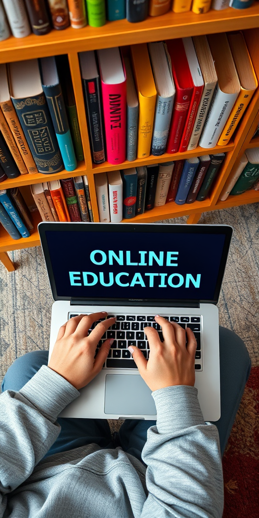 A high-quality image of a person typing on a laptop with the screen displaying "ONLINE EDUCATION," surrounded by a colorful bookshelf featuring various subjects, taken from a top-down perspective using a DSLR camera, f/2.8 aperture, ISO 100, 24mm lens, natural lighting for enhanced clarity and detail.