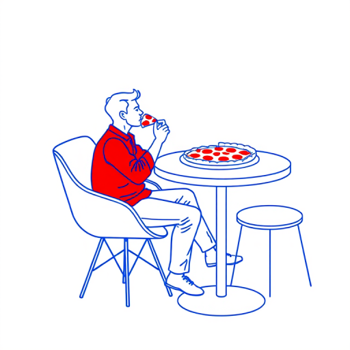 Create a line art illustration of a person sitting in a modern chair, enjoying a slice of pizza at a round table with a whole pizza on it, use vibrant blue and red colors for outlines, set in a minimalistic style, composition from eye level, use a medium aperture of f/4 for depth of field, ISO 200 for image clarity, and a 50mm lens for a natural perspective.