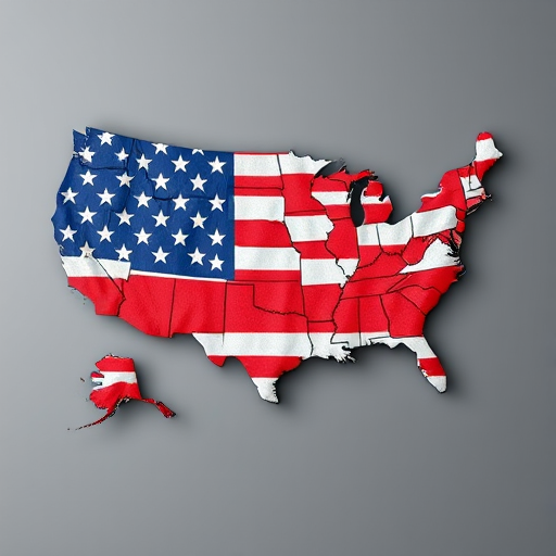 Create a high-resolution image of the United States map filled with the American flag, using a DSLR camera with a 50mm lens, f/8 aperture, ISO 100, captured from a top-down view for clarity and detail.