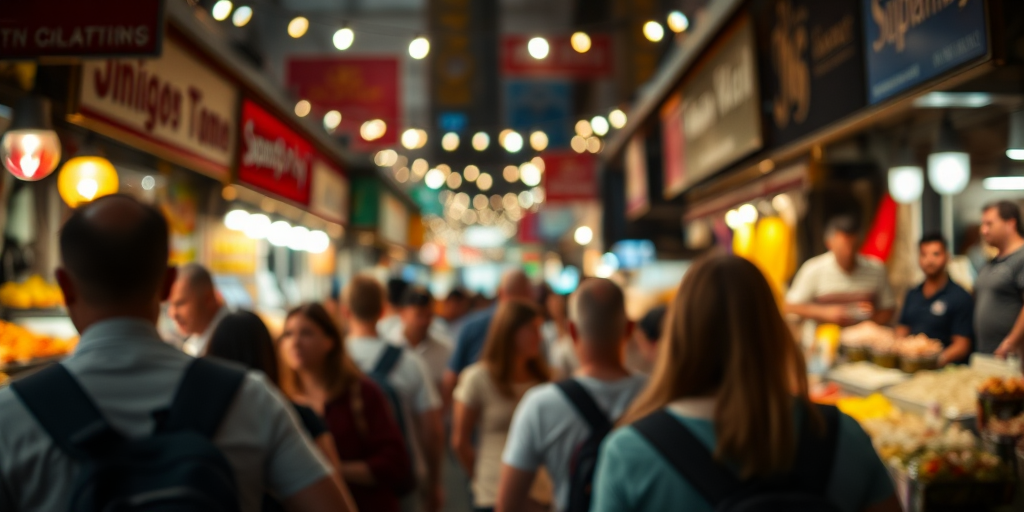 Blurry, candid shot of a group of tourists exploring a bustling street market, soft glow from overhead string lights illuminating colorful stalls, the smell of exotic spices filling the air.