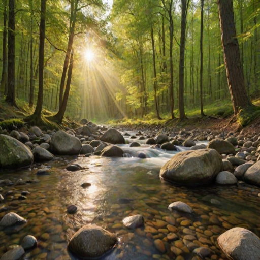 Create an image of a serene, sunlit forest scene with a clear, gently flowing river. Tall trees with lush green foliage line both sides of the river, their leaves bathed in the warm golden light of the setting or rising sun. The sunlight filters through the trees, casting soft, dappled light on the river, which flows over smooth rocks and pebbles, creating a peaceful, natural atmosphere. The sky is bright with a few scattered clouds, and the overall mood is tranquil, evoking a deep sense of connection with nature. The image captures the beauty of a calm, pristine forest landscape at either dawn or dusk.