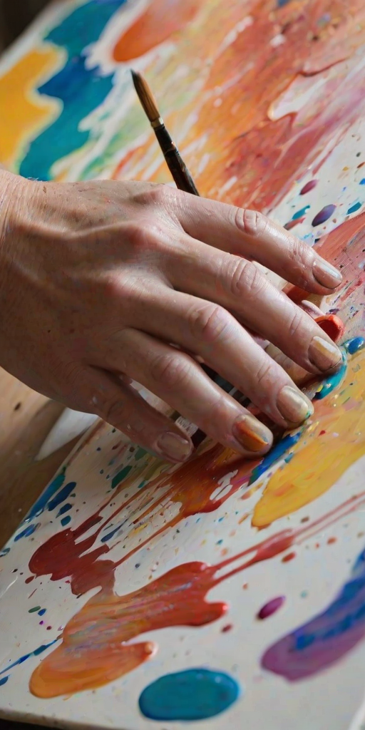 Close-up of an artist’s hands splattered with paint, holding a brush mid-stroke against a colorful abstract canvas, soft light from a nearby window casting shadows on the easel.