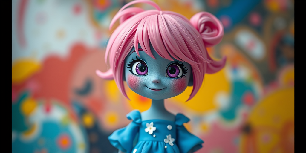 Regenerate a whimsical cartoon character with pink hair and a blue skin tone, wearing a blue dress with white flowers, set against a colorful, abstract background; use a Canon EOS R5, ISO 100, f/4, 1/125s, wide-angle lens, vibrant color grading, and soft focus to enhance image quality.