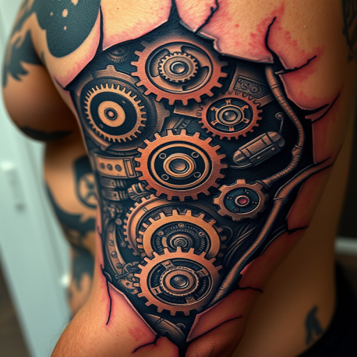 Biomechanical tattoo revealing intricate mechanical components beneath torn skin, hyper-realistic details of gears and wires, fusion of organic and industrial elements for a sci-fi inspired look