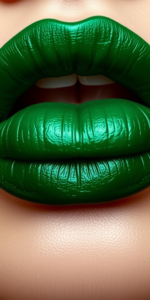 Enchanting emerald green lips captivate with their rich jewel tone, boasting a satiny finish that adds depth and intrigue to the unusual color