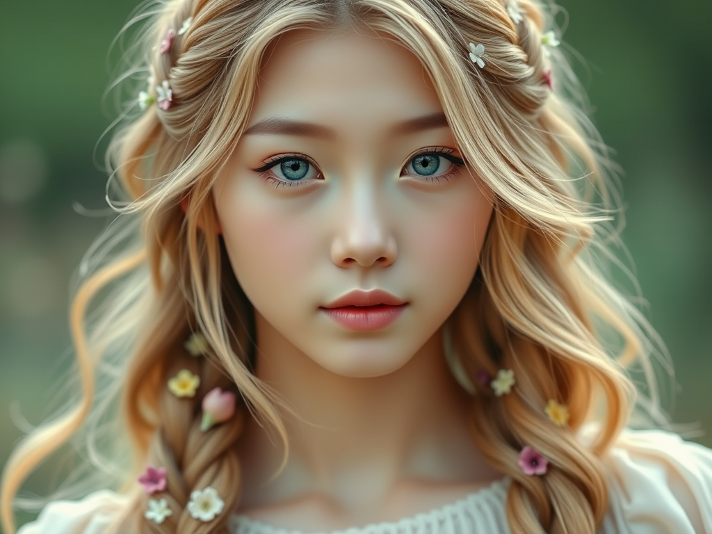 Create an image of a young Korean woman with long, wavy blonde hair, adorned with small, colorful flowers woven into her braids and loose strands. Her complexion is fair, with soft, glowing skin, and she has light blue eyes that gaze softly at the viewer. She wears a light, flowing dress with a gentle, ethereal quality, complementing her delicate and serene appearance. The background is slightly blurred, drawing focus to her tranquil expression and the intricate details of the flowers in her hair. The overall mood of the image is one of natural beauty and grace, evoking a sense of peacefulness and connection with nature.