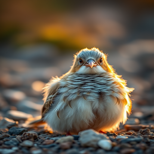 A close-up portrait of a fluffy bird with intricate feathers sitting on a rocky ground, captured during golden hour with a shallow depth of field, using a DSLR camera, 85mm lens, f/1.8 aperture, ISO 200, and a soft natural light.